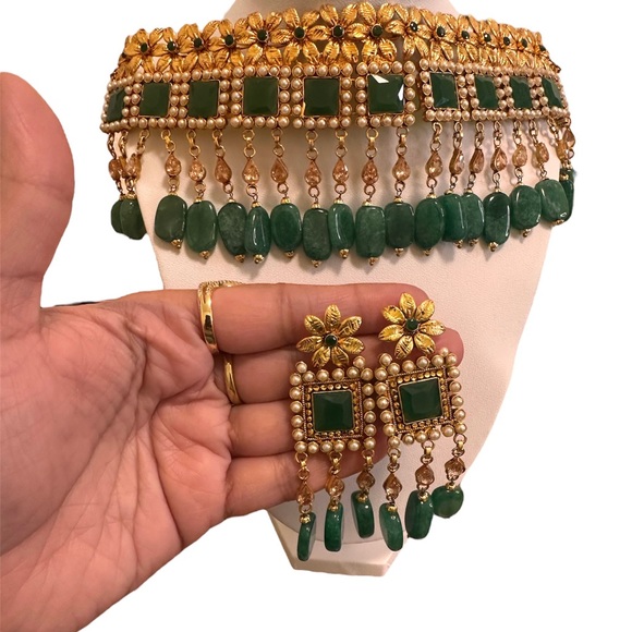 Green Bridal Choker Necklace Jhumka Earrings Jewellery Set - Picture 3 of 3